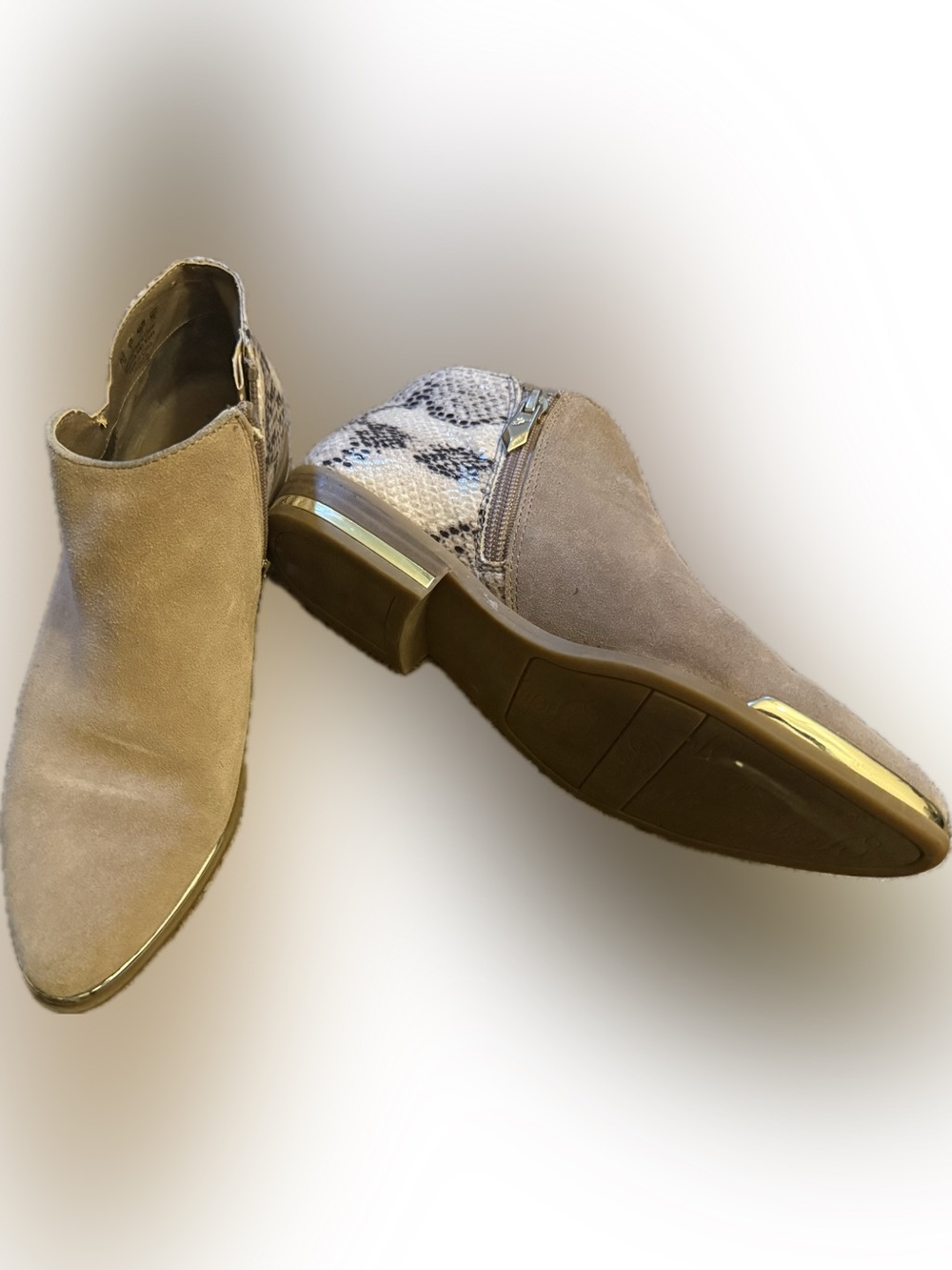 Fergie Taupe Suede Ankle Boots with Snake-Print Heel Accent